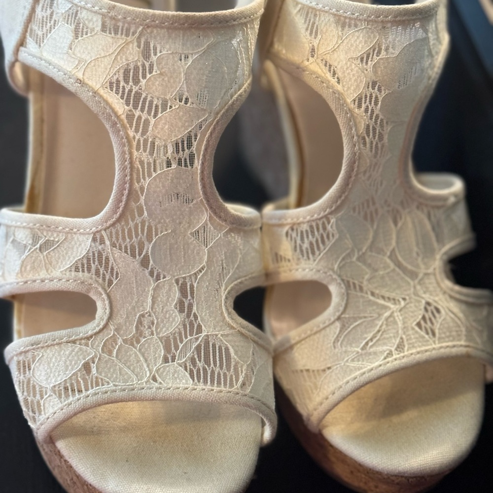 Fergalicious Cream Lace Wedge Sandals
